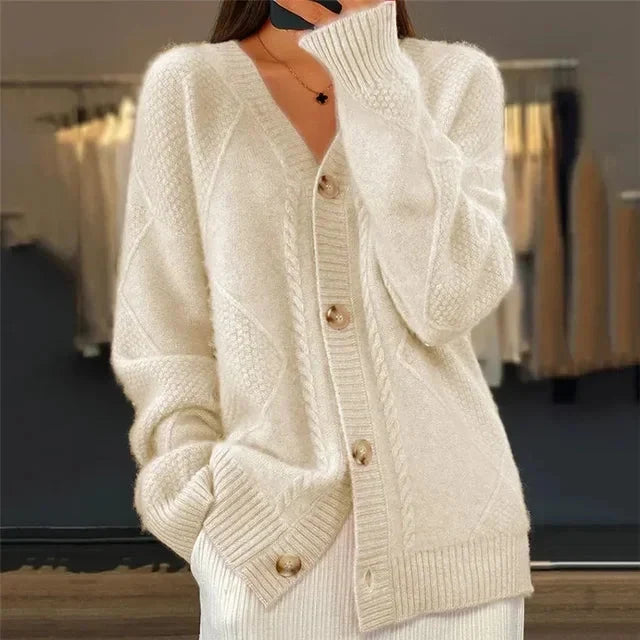 Catalina | V-Neck Cable Knit Button-Front Cardigan - Soft Transitional Layer