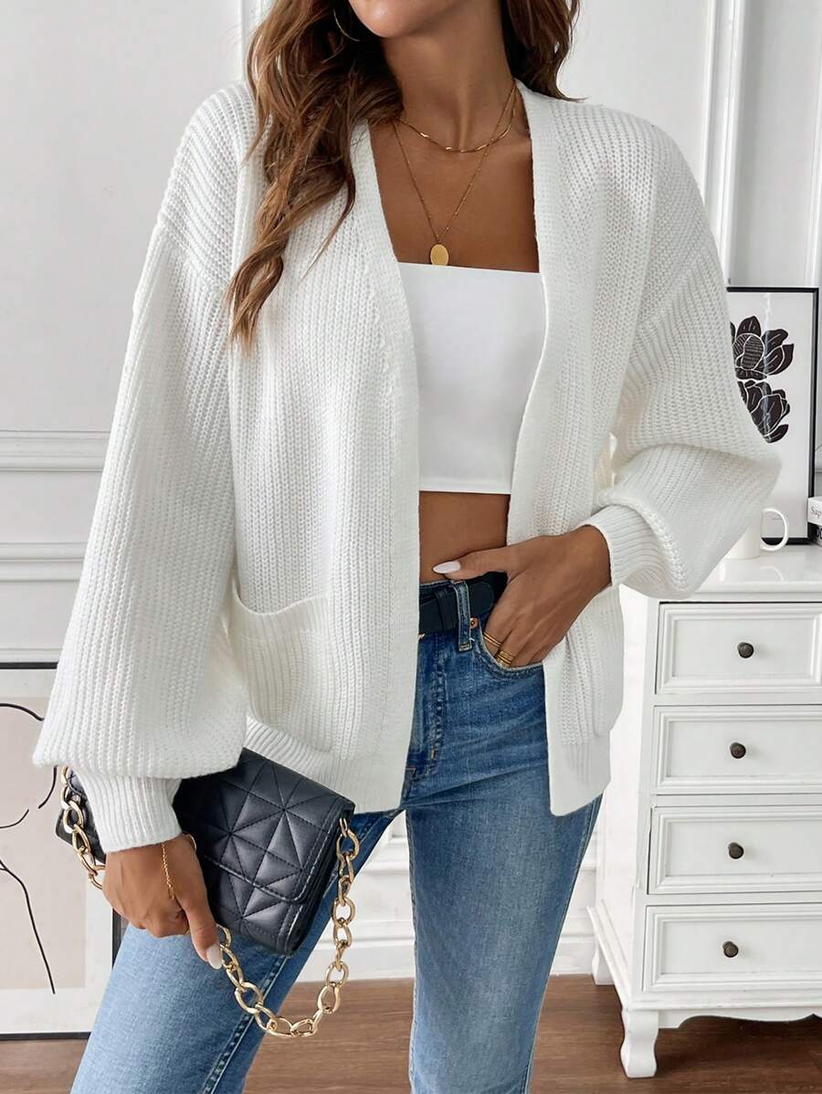 Catherine | Open Front Pocket Knit Cardigan - Chic Long Sleeve Layering Outfit