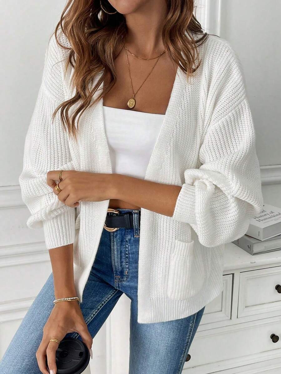 Catherine | Open Front Pocket Knit Cardigan - Chic Long Sleeve Layering Outfit