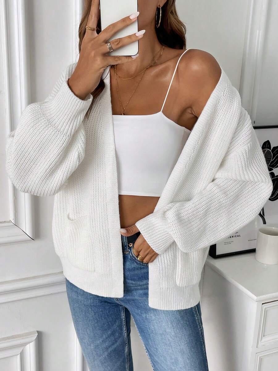 Catherine | Open Front Pocket Knit Cardigan - Chic Long Sleeve Layering Outfit