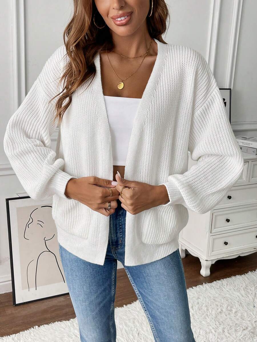 Catherine | Open Front Pocket Knit Cardigan - Chic Long Sleeve Layering Outfit