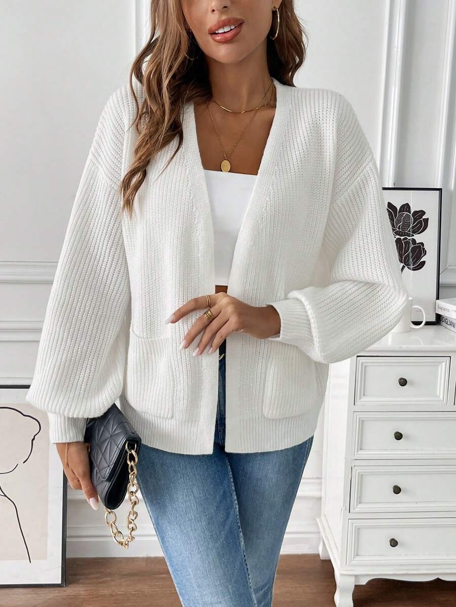 Catherine | Open Front Pocket Knit Cardigan - Chic Long Sleeve Layering Outfit