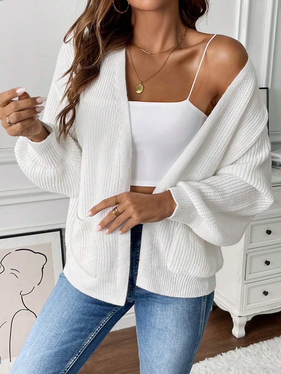 Catherine | Open Front Pocket Knit Cardigan - Chic Long Sleeve Layering Outfit