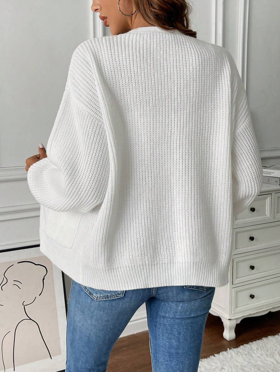 Catherine | Open Front Pocket Knit Cardigan - Chic Long Sleeve Layering Outfit