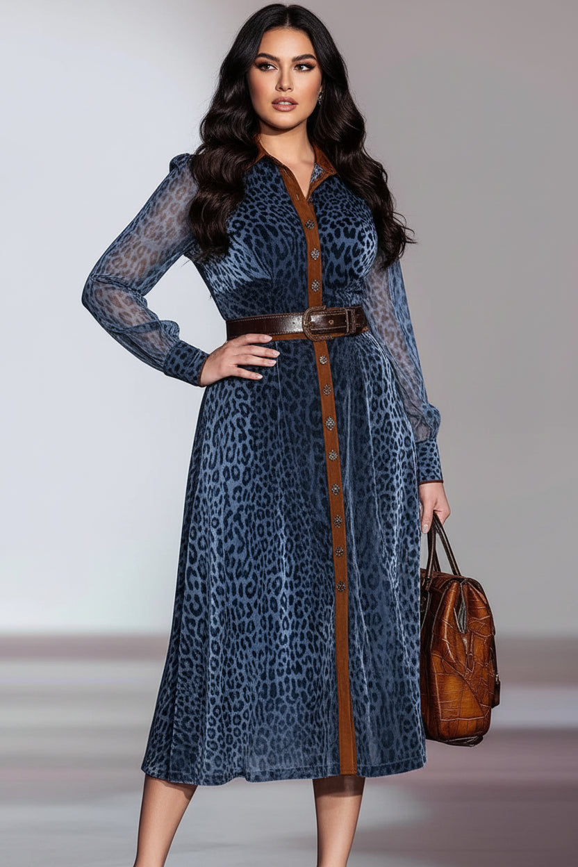 Celestine | Wild Print Button-Front Midi Shirt Dress - Belted Velvet Long-Sleeve Maxi