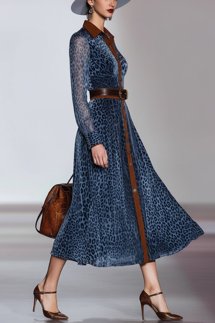 Celestine | Wild Print Button-Front Midi Shirt Dress - Belted Velvet Long-Sleeve Maxi