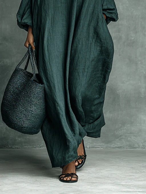 Celia | Embroidered Maxi Dress – High Neck Long Sleeve Loose Fit Dress
