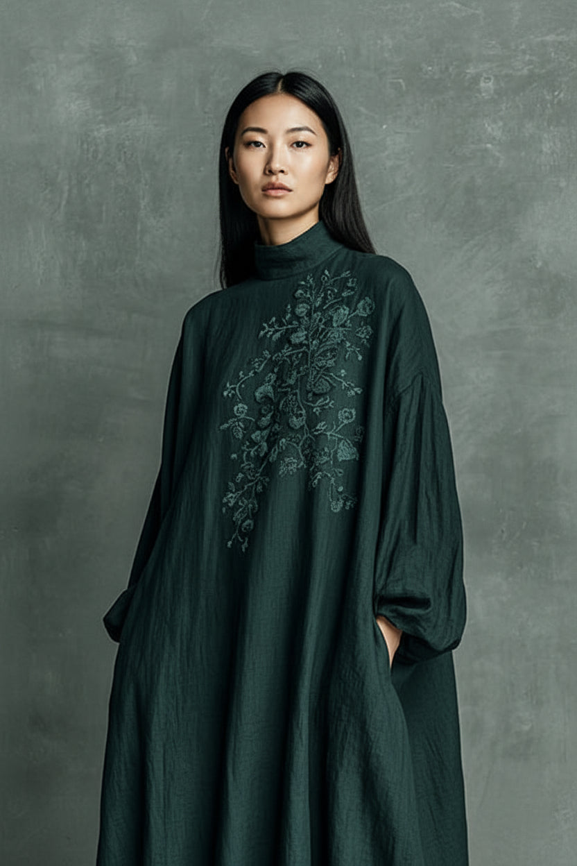 Celia | Embroidered Maxi Dress – High Neck Long Sleeve Loose Fit Dress