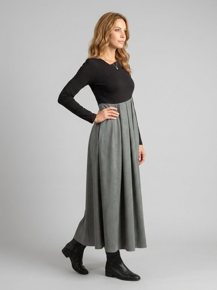Harper | Asymmetrical-Seam Pleated-Skirt Maxi Dress - Long-Sleeve Winter Formalwear