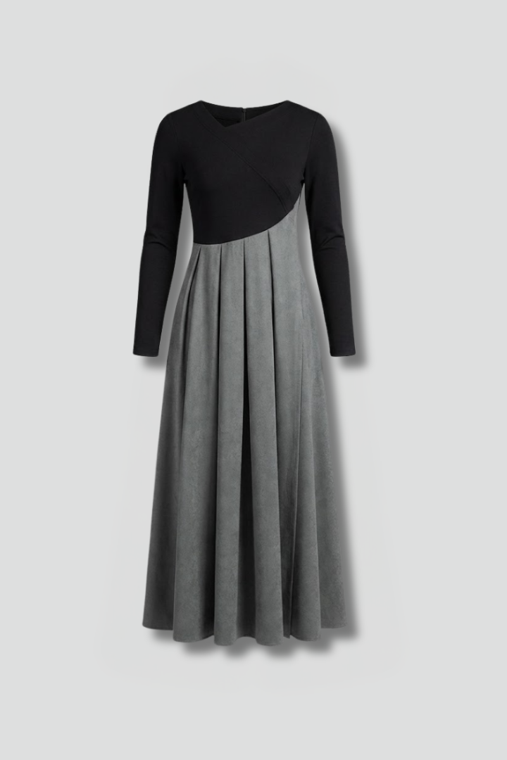 Harper | Asymmetrical-Seam Pleated-Skirt Maxi Dress - Long-Sleeve Winter Formalwear