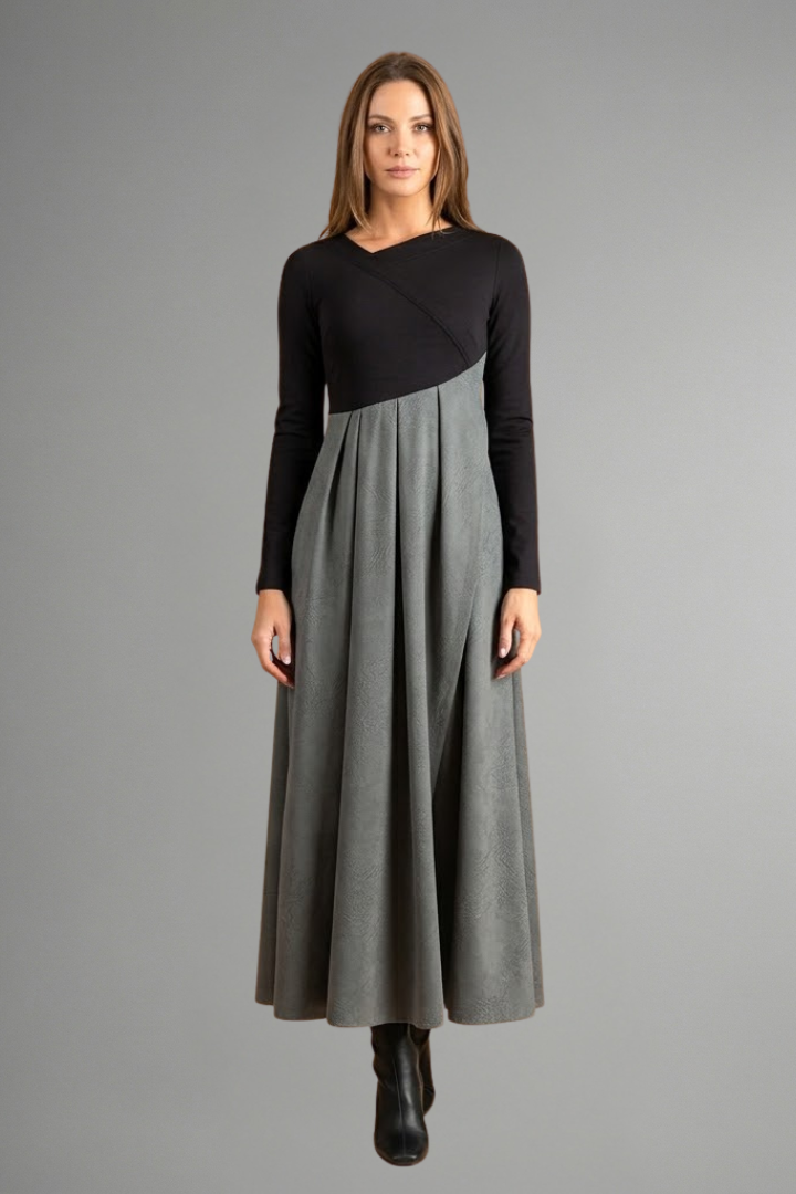 Harper | Asymmetrical-Seam Pleated-Skirt Maxi Dress - Long-Sleeve Winter Formalwear