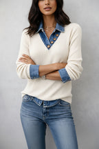 Ember | Ribbed Knit Sweater – Contrast Denim Collar Pullover for Casual Style