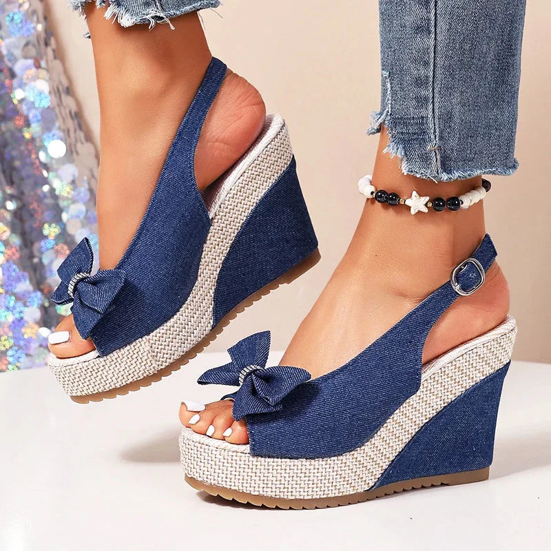 Cleo | Chic Bow Denim Slingback Wedges - Platform Espadrille Sandals