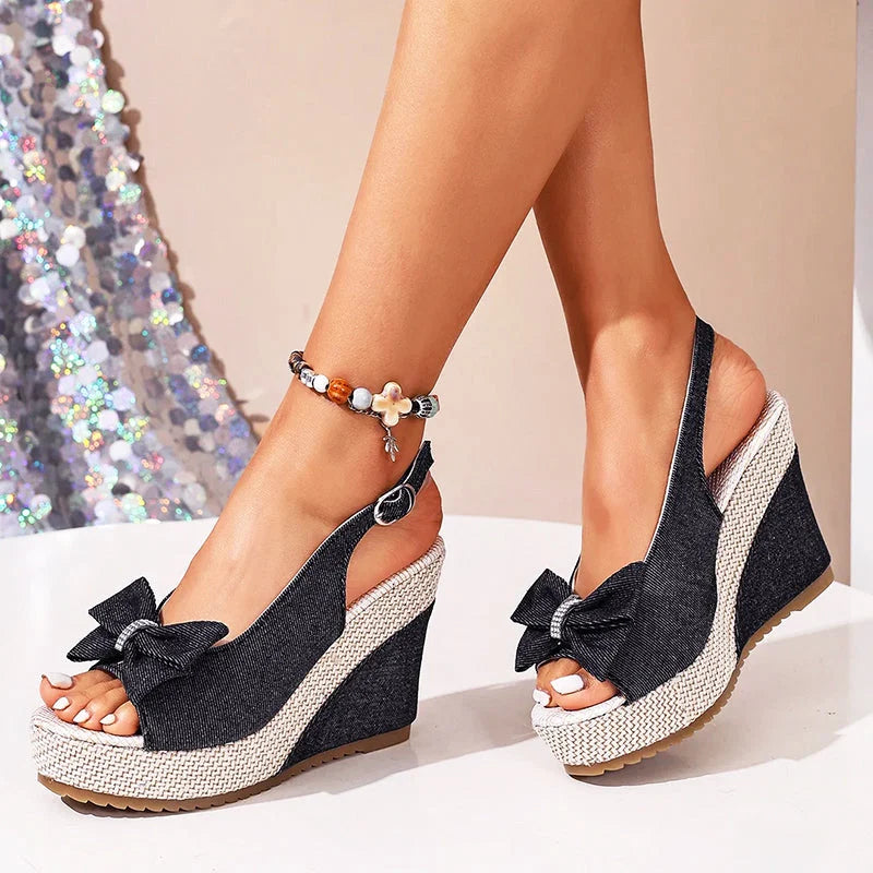 Cleo | Chic Bow Denim Slingback Wedges - Platform Espadrille Sandals