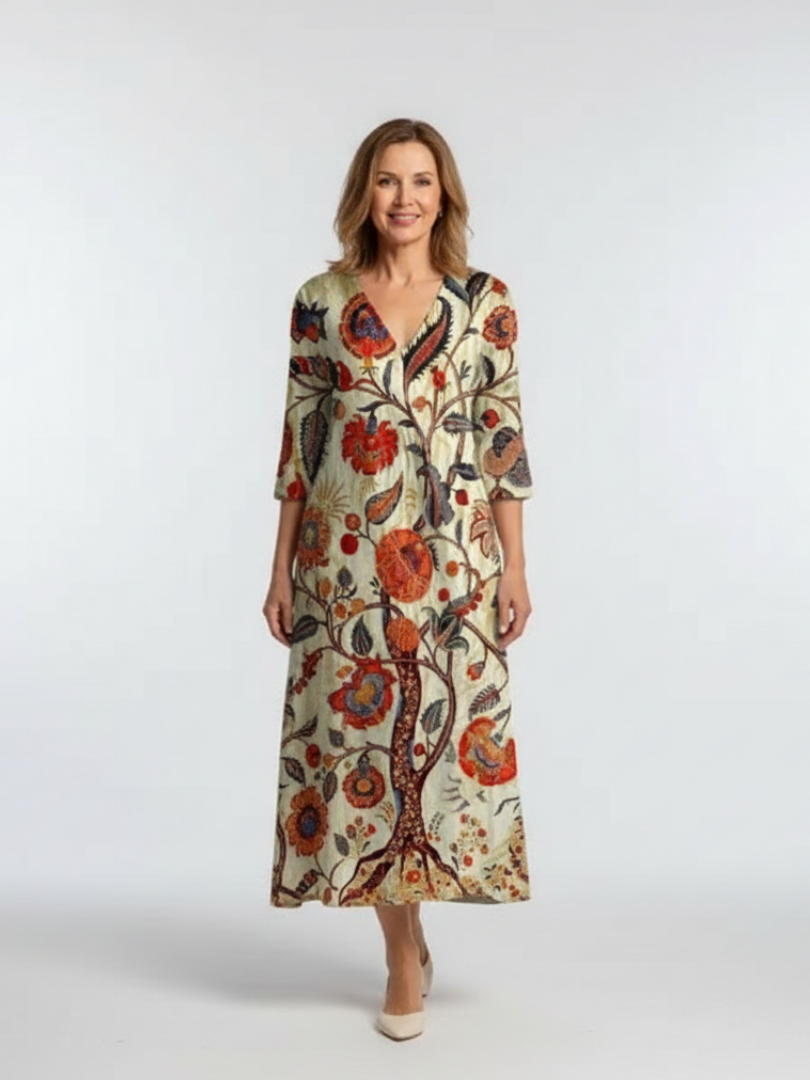 Hermoine | V-Neck Floral-Print Midi Dress - Long-Sleeve Casual Apparel