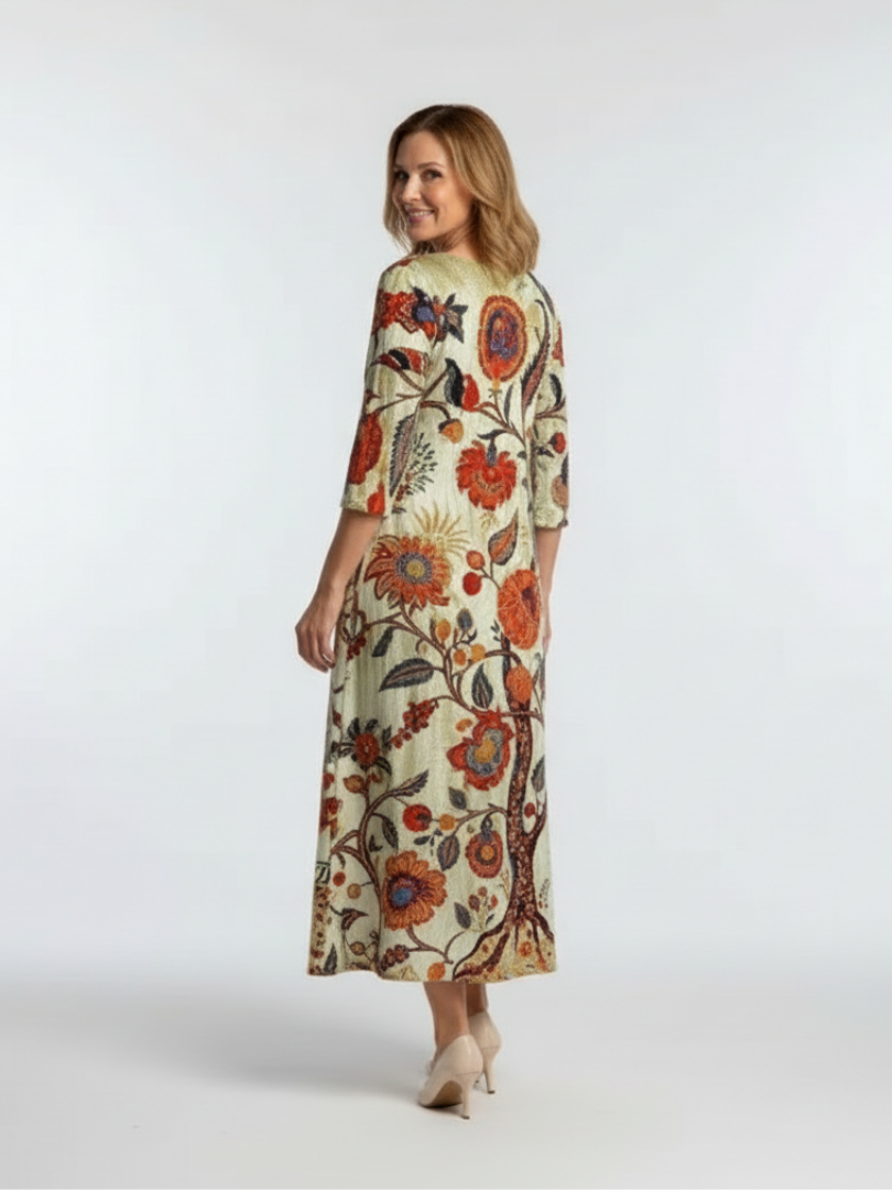 Hermoine | V-Neck Floral-Print Midi Dress - Long-Sleeve Casual Apparel