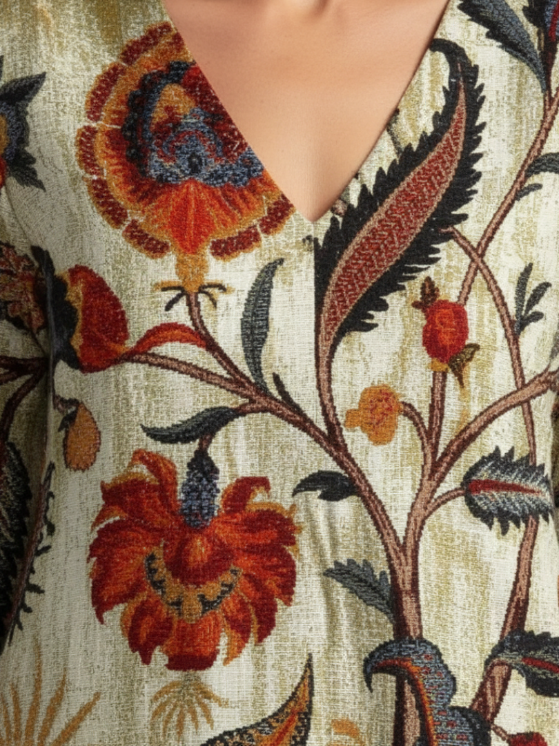 Hermoine | V-Neck Floral-Print Midi Dress - Long-Sleeve Casual Apparel
