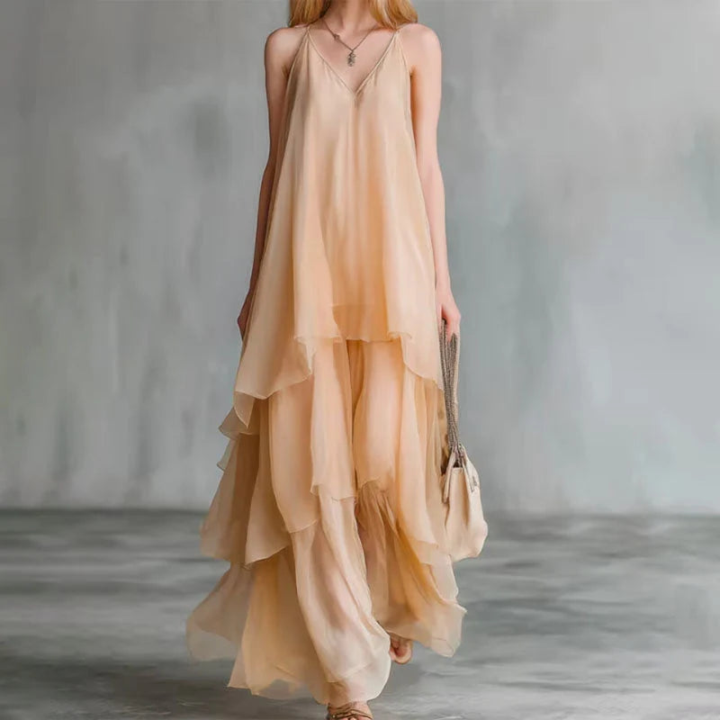 Cressida | V Neck Tiered Maxi Dress – Flowing Long Dress for Elegant Occasion Style
