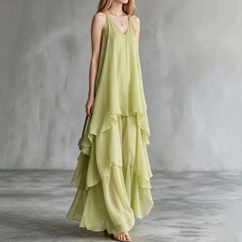 Cressida | V Neck Tiered Maxi Dress – Flowing Long Dress for Elegant Occasion Style