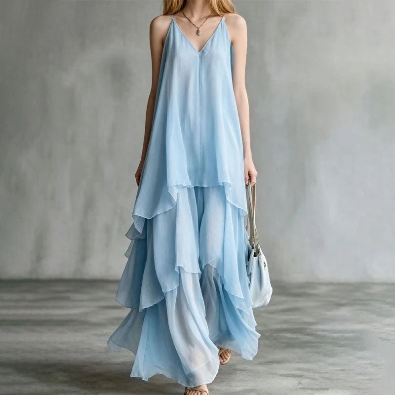 Cressida | V Neck Tiered Maxi Dress – Flowing Long Dress for Elegant Occasion Style