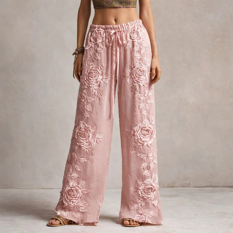 Delia | Floral Embroidered Wide Leg Pants – Bohemian Palazzo Trousers with Botanical Detail