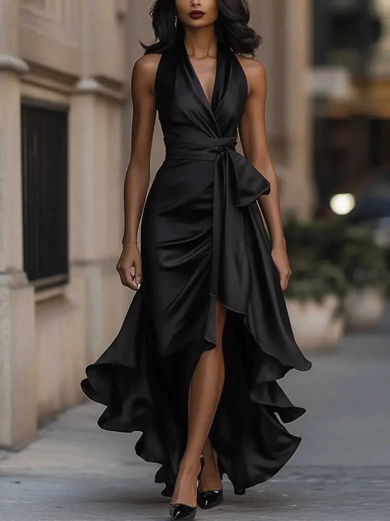 Delvane | Halter High-Low Bow Waist Evening Dress - Elegant Formal Wear