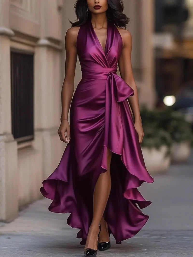 Delvane | Halter High-Low Bow Waist Evening Dress - Elegant Formal Wear