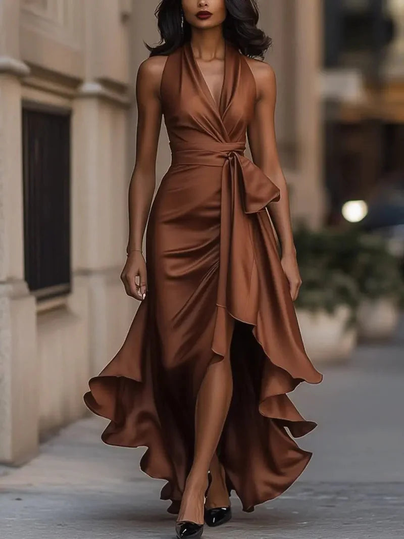 Delvane | Halter High-Low Bow Waist Evening Dress - Elegant Formal Wear