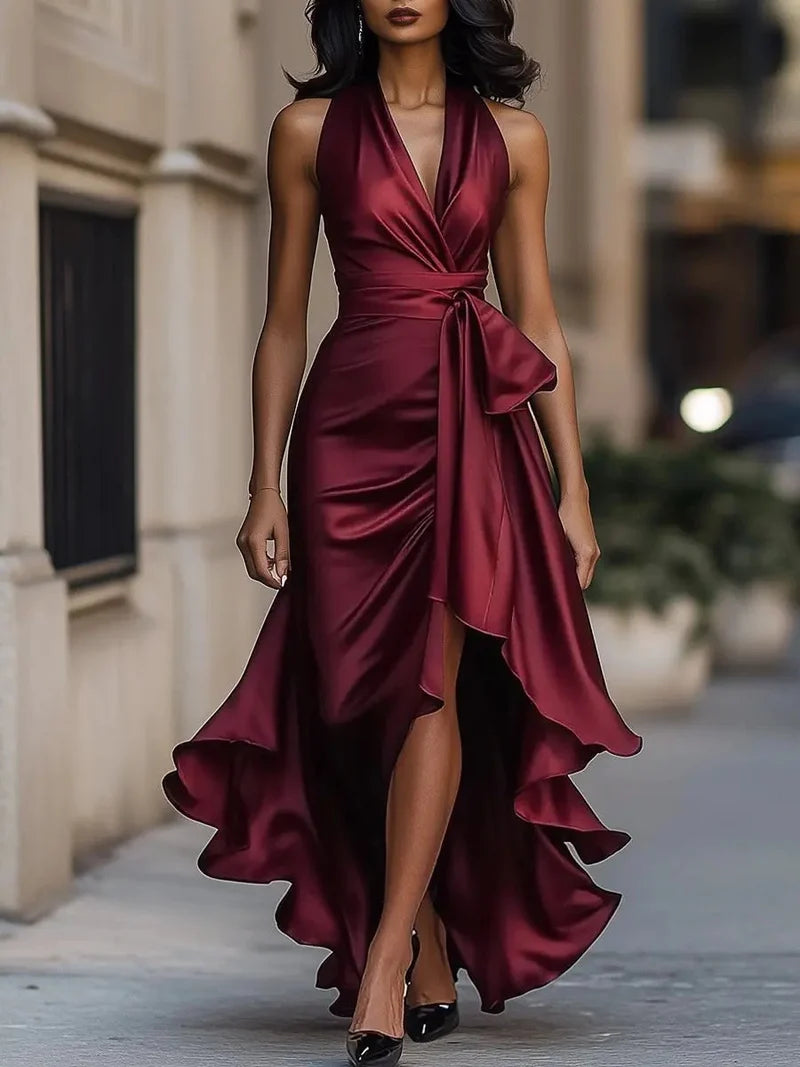 Delvane | Halter High-Low Bow Waist Evening Dress - Elegant Formal Wear