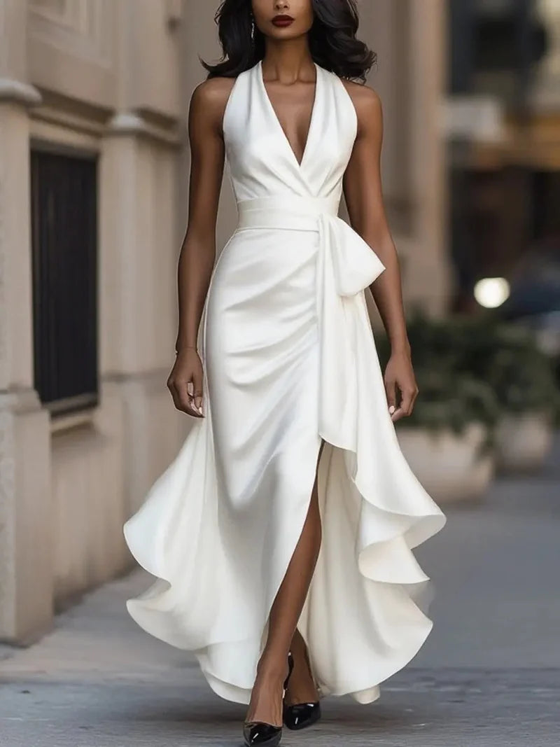 Delvane | Halter High-Low Bow Waist Evening Dress - Elegant Formal Wear