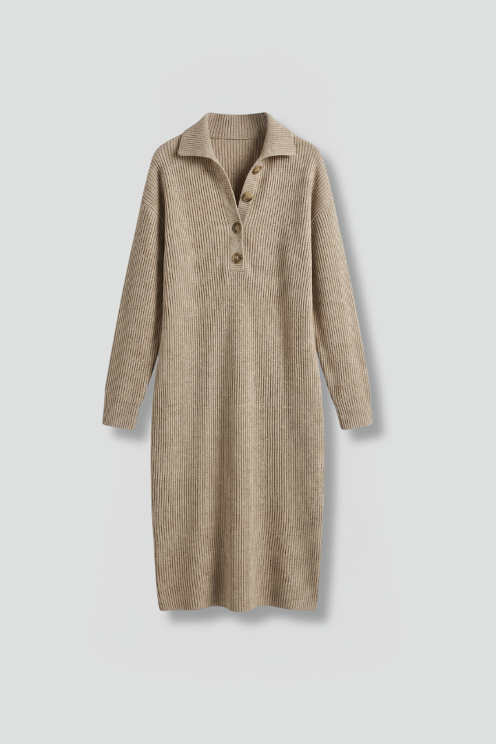 Tilda | Ribbed-Knit Half-Button Midi Sweater Dress – Chic Fall and Winter Lounge Apparel