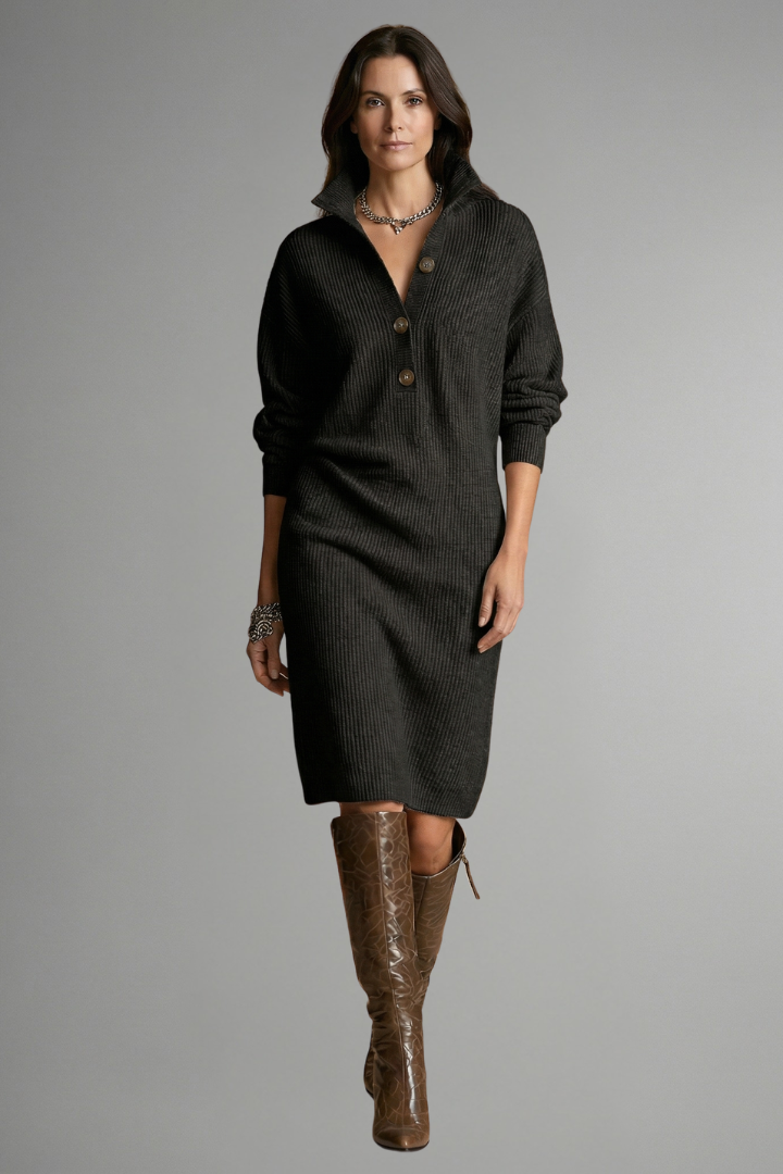 Tilda | Ribbed-Knit Half-Button Midi Sweater Dress – Chic Fall and Winter Lounge Apparel