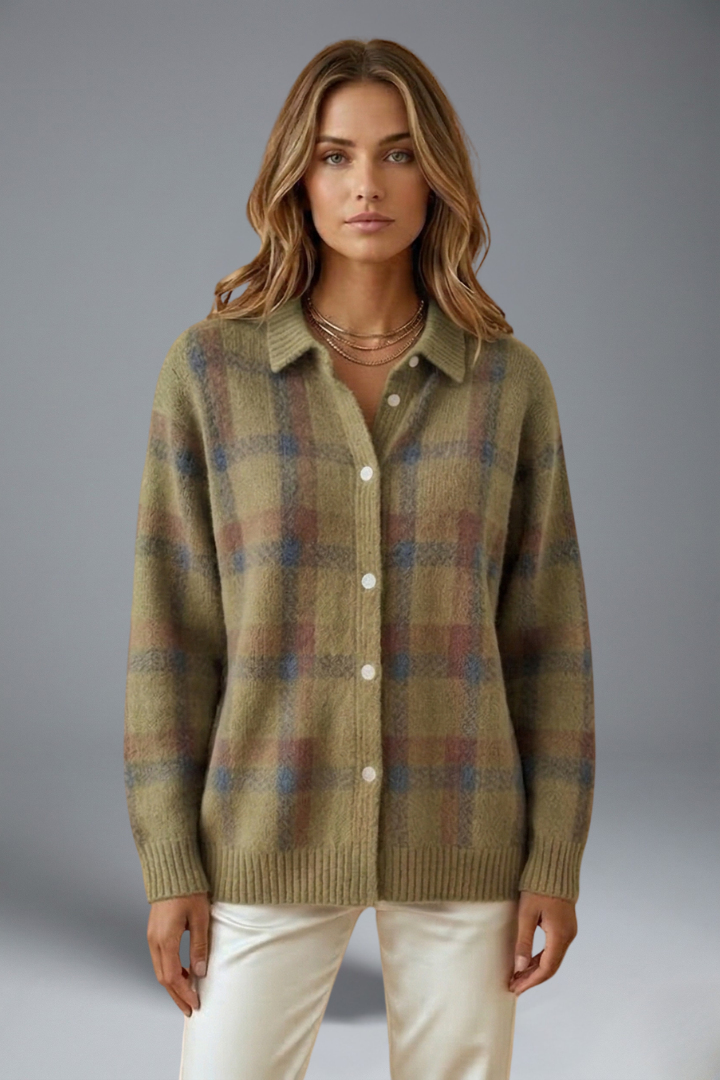 Daisy | Plaid Print Knit Shirt with Turn-Down Collar and Button Closure – Cozy Fall Wear