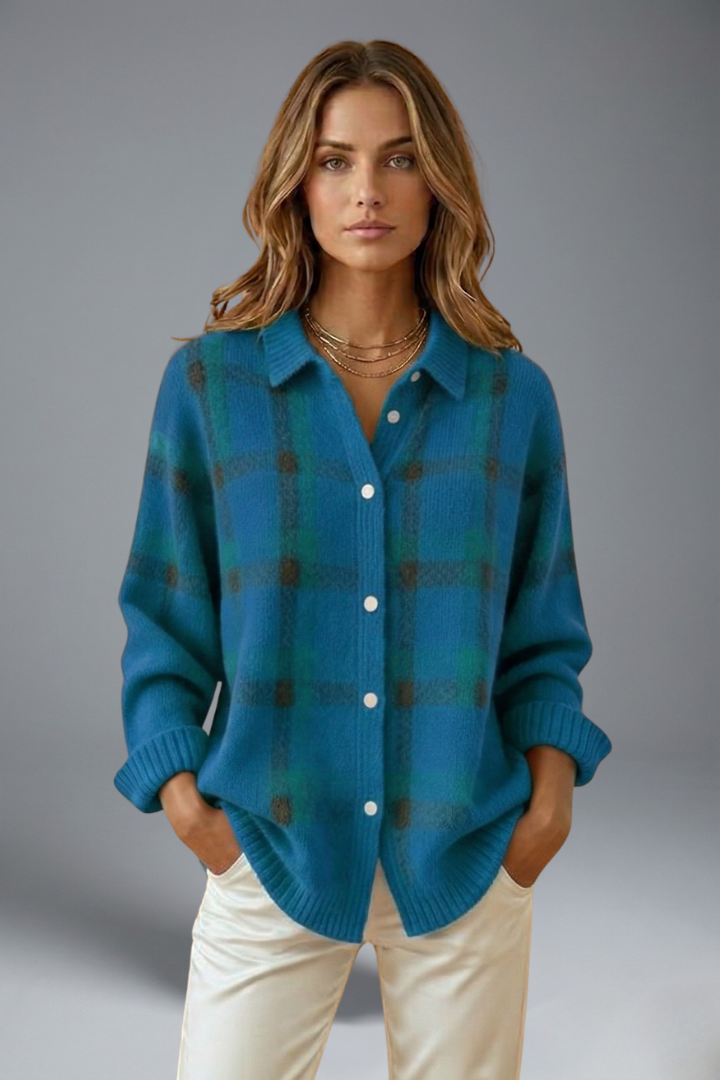 Daisy | Plaid Print Knit Shirt with Turn-Down Collar and Button Closure – Cozy Fall Wear