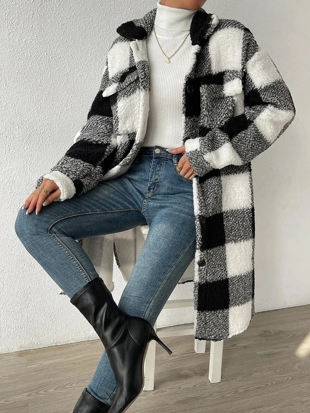 Ellena | Checked Long Coat – Cozy Button-Front Fuzzy Outerwear