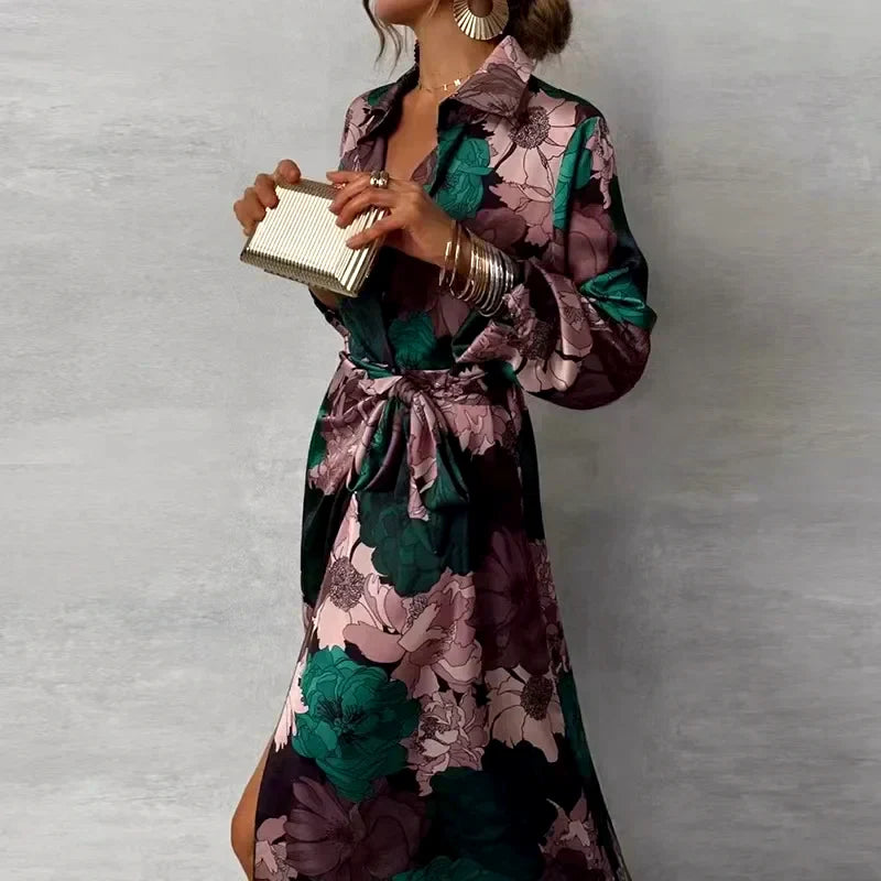 Elowen | Floral Collared with Front Slit Maxi Dress - Elegant Flowing Silhouette