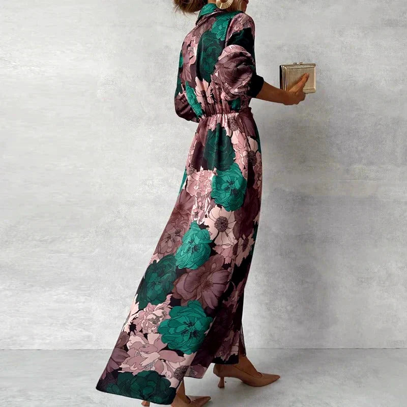 Elowen | Floral Collared with Front Slit Maxi Dress - Elegant Flowing Silhouette