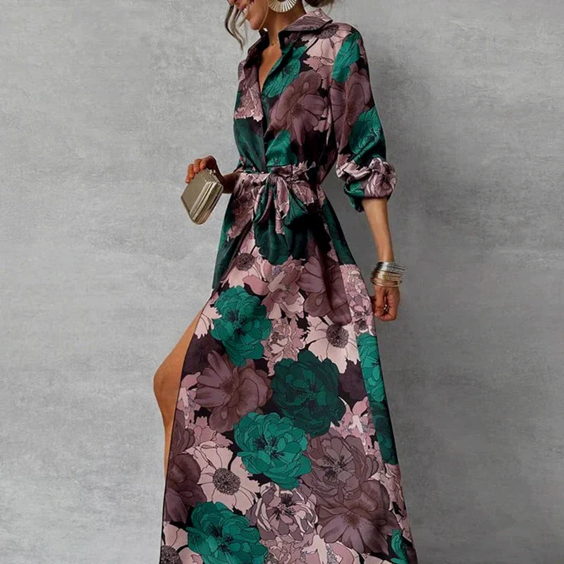 Elowen | Floral Collared with Front Slit Maxi Dress - Elegant Flowing Silhouette