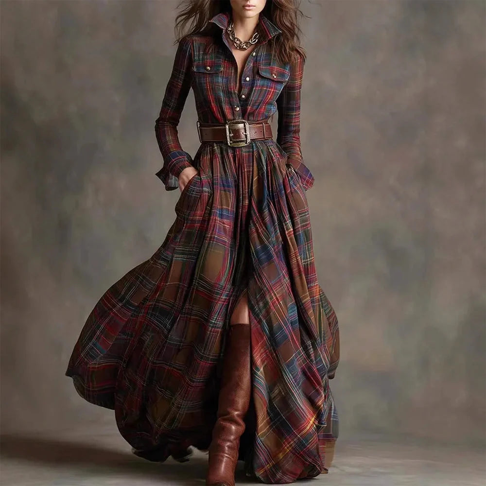 Emmeline | Belted Plaid Button-Front Maxi Dress - Flowing Full-Length Design