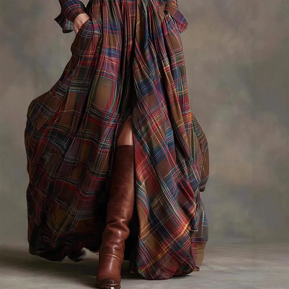 Emmeline | Belted Plaid Button-Front Maxi Dress - Flowing Full-Length Design