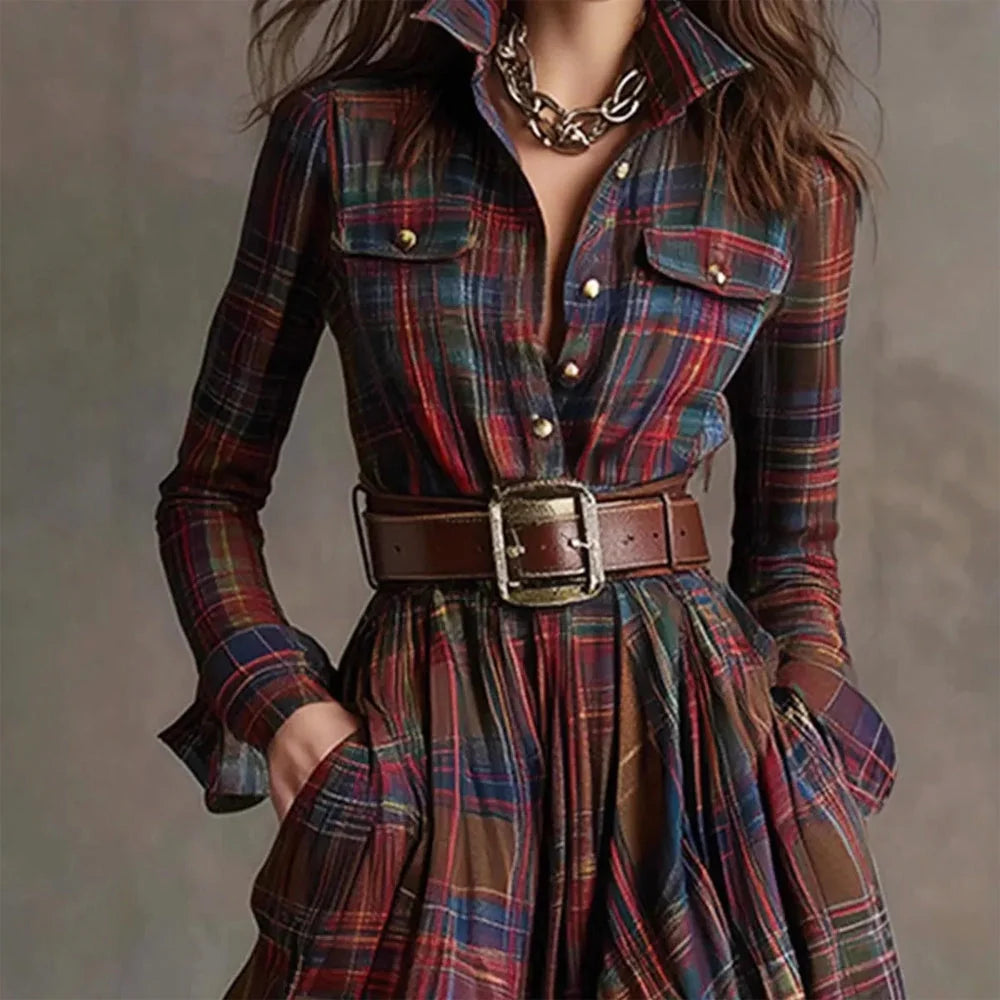 Emmeline | Belted Plaid Button-Front Maxi Dress - Flowing Full-Length Design