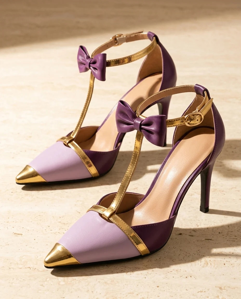 Estella | Satin Bow Heels – T Strap Stiletto Pumps for Elegant Occasion Wear