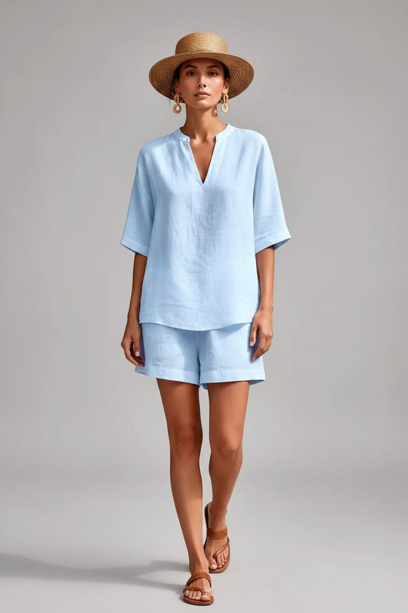 Eva | V Neck Two Piece Set – Short Sleeve Top and Matching Casual Pants Outfit