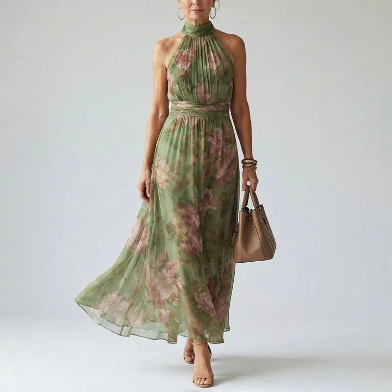 Evelina | Floral Halter Neck Dress – Printed Midi Dress for Summer & Special Occasions