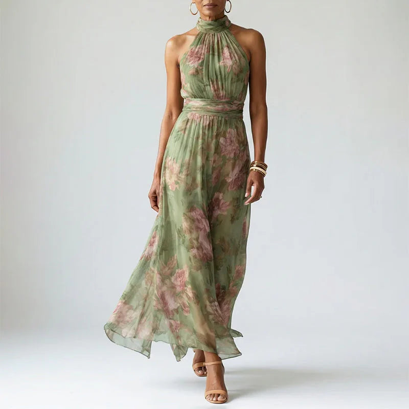 Evelina | Floral Halter Neck Dress – Printed Midi Dress for Summer & Special Occasions
