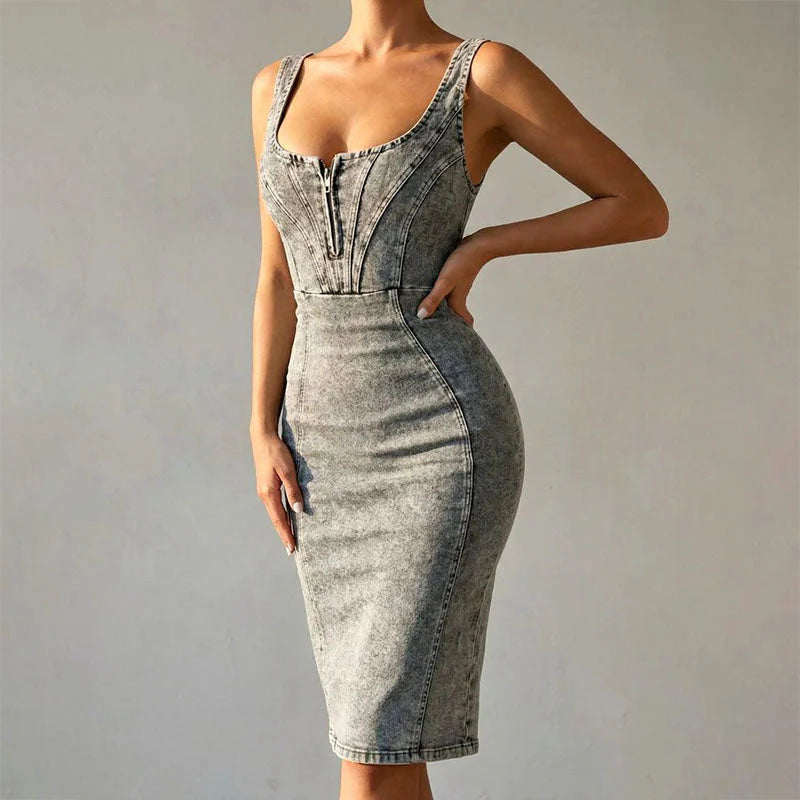 Evienne | Sculpted Denim Figure-Hugging Midi Dress - Sleek Contemporary Style