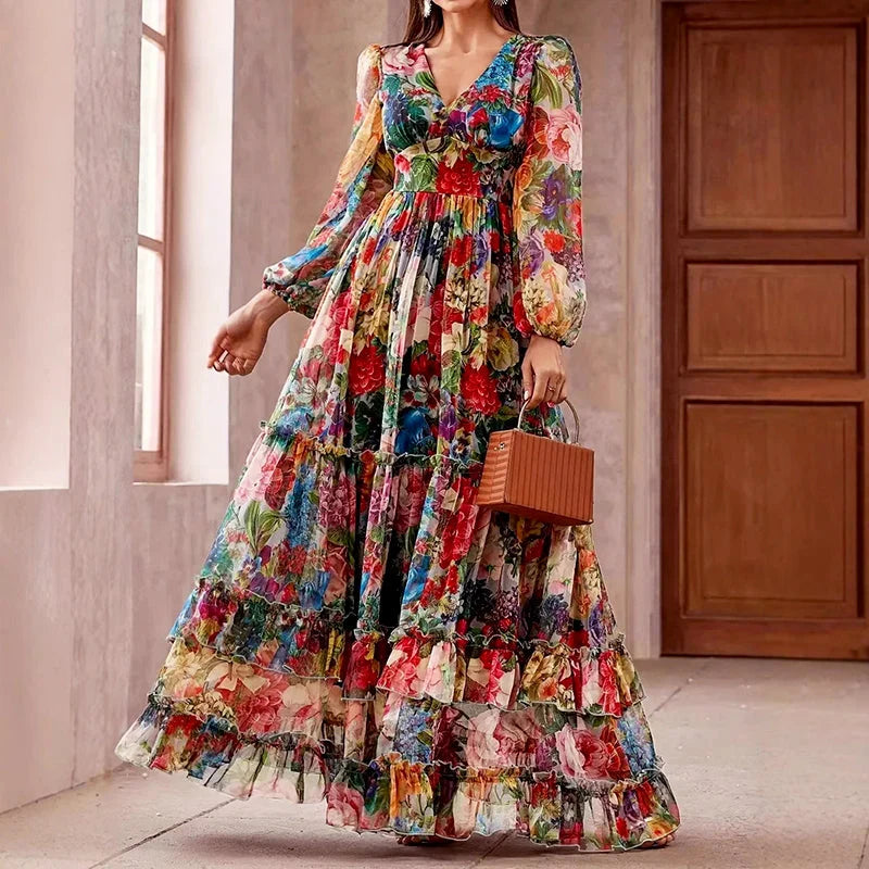 Fiora | Multicolor Floral Layered Ruffle Maxi Dress - Sheer Long Sleeve Silhouette