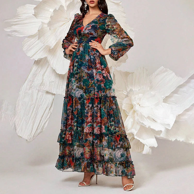 Fiora | Multicolor Floral Layered Ruffle Maxi Dress - Sheer Long Sleeve Silhouette