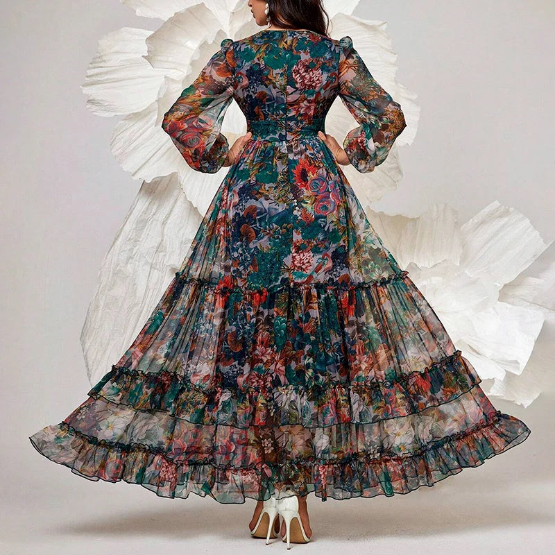 Fiora | Multicolor Floral Layered Ruffle Maxi Dress - Sheer Long Sleeve Silhouette