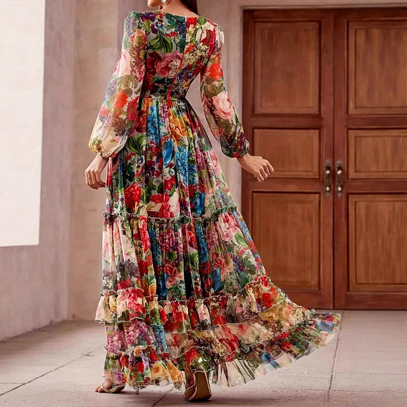 Fiora | Multicolor Floral Layered Ruffle Maxi Dress - Sheer Long Sleeve Silhouette